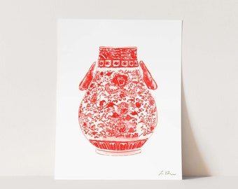 Art Print Coral Red Ginger Jar 2 Painting Wall Home Decor Watercolor China Chinoiserie Chinese Asian Hollywood Regency Preppy Gift for Her