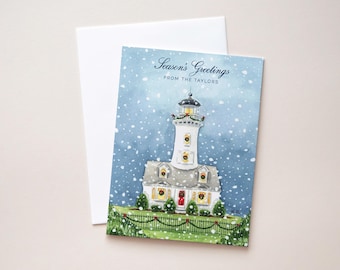Coastal Christmas Cards Custom Stationery Set, New England Winter Lighthouse Notecards, Preppy Personalized Holiday Family Card, Whimsical