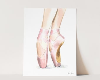 Pink Satin Pointe Shoes Art Print, Ballet Slippers Watercolor, Ballerina Dancer Painting, Ballet Dancer Gift, Girls Room, Nursery Wall Decor
