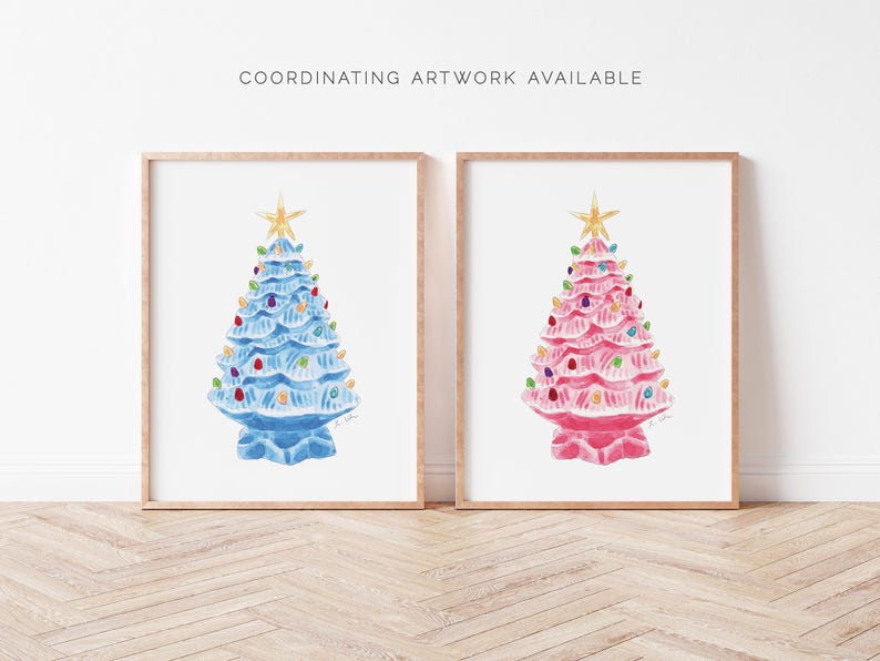 Lámina artística Árbol de Navidad de cerámica vintage azul - Navidad vintage, Navidad kitsch, arte preppy, arte de mediados de siglo, arte nostálgico, acuarela imagen 4