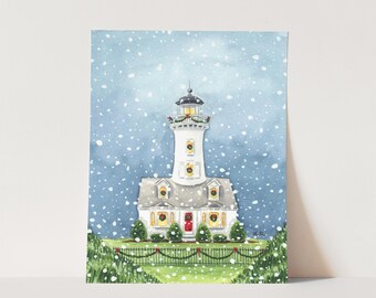 Coastal Christmas Lighthouse Art Print, Winter Watercolor, Snowy Light House Painting, New England Christmas Gift, Whimsical Holiday Decor