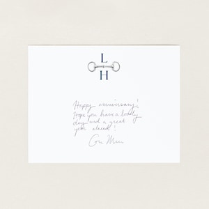 Custom Horse Theme Notecards, Preppy Silver Horsebit Blue Initial Stationery, Personalized Monogrammed Thank You Cards, Horse Lover Gift
