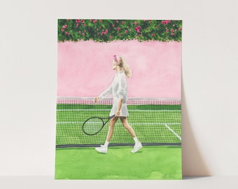 Tennis Girl Art Print, Watercolor Fashion Illustration, Preppy Pink and Green, Sporty New England, Country Club Style, Tennis Player Gift