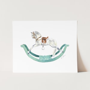 Equestrian Nursery Art Print, Classic Rocking Horse Wall Decor, Traditional Baby Shower Gift, Grandmillennial Style, Kids Room Watercolor