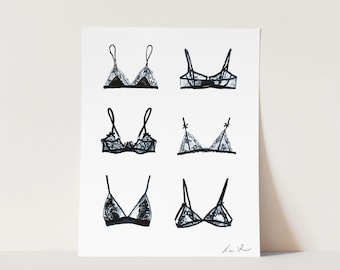 Art Print Black Lace Bralettes - Black Lingerie Art, Burlesque Art, Watercolor Painting, Fashion Illustration, Sexy Bedroom Art, Pretty Art