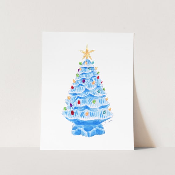 Art Print Blue Vintage Ceramic Christmas Tree - Vintage Christmas, Christmas Kitsch, Preppy Art, Midcentury Art, Nostalgic Art, Watercolor
