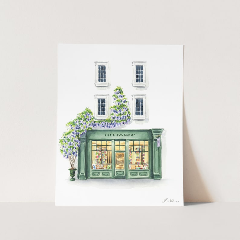 Custom Bookstore Art Print, Wisteria Bookshop Watercolor, Personalized Name Nursery Art, Whimsical Book Theme Home Decor, Cute Bookish Gift image 1