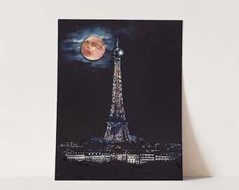 Eiffel Tower Art Print, Midnight in Paris, Paris Architecture Home Decor, Moody Watercolor, Whimsical Night Scene, Paris Travel Gift