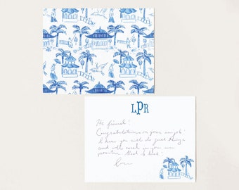 Blue Pagoda Pattern Stationery, Watercolor Chinoiserie Notecards, Southern Monogrammed Gift, Bespoke Stationery, Blank Preppy Notecards