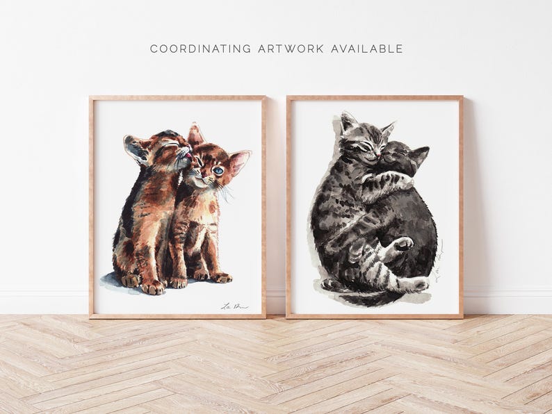 Kitty Hugs Art Print, Gray Cats Watercolor Painting, Tabby Cat Wall Decor, Cat Lover Gift, Animal Nursery Print, Friendship Art, Kitten Art image 5