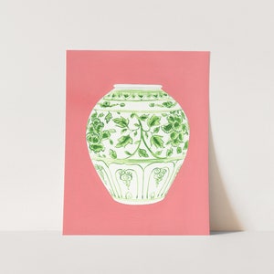 Chinoiserie Art Print, Green Ginger Jar No. 2, Coral Pink Accent, Palm Beach Style, Grandmillennial Decor, Southern Preppy Watercolor Art