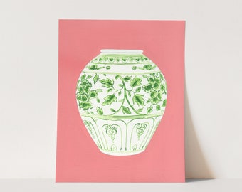Chinoiserie Art Print, Green Ginger Jar No. 2, Coral Pink Accent, Palm Beach Style, Grandmillennial Decor, Southern Preppy Watercolor Art