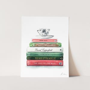 Custom Book Stack Watercolor Art Print - Favorite Books Art, Preppy Book Lover Gift, Book Club Gift, Library Art, Reading Art, Bookshelf Art