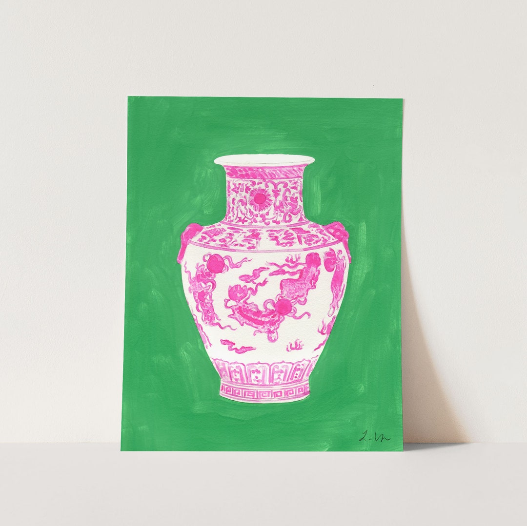 Pink Ginger Jar on Green No. 1 Art Print Palm Beach Style Etsy