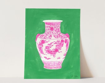 Pink Ginger Jar on Green No. 1 Art Print, Palm Beach Style Watercolor, Chinoiserie Painting, Preppy Southern Wall Decor, Grandmillennial Art