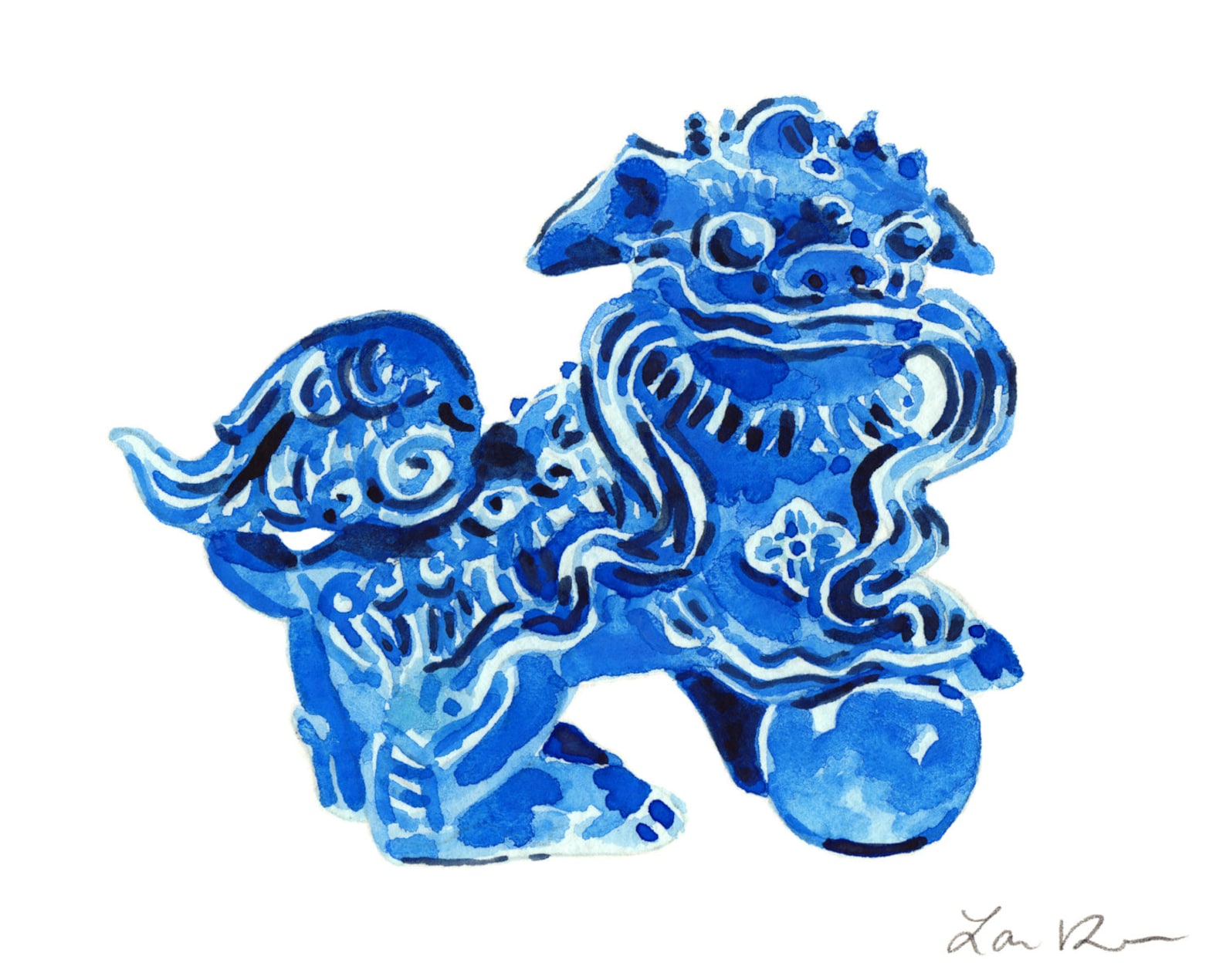 Blue Foo Dog Art Foo Dog Painting Blue and White Art Chinese Etsy