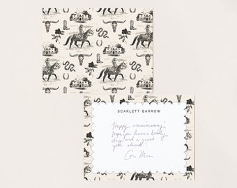 Black and Ivory Vintage Cowgirl Toile Stationery, Texas Bridesmaid, Custom Western Monogram Notecards, Southern Preppy Bespoke Hostess Gift