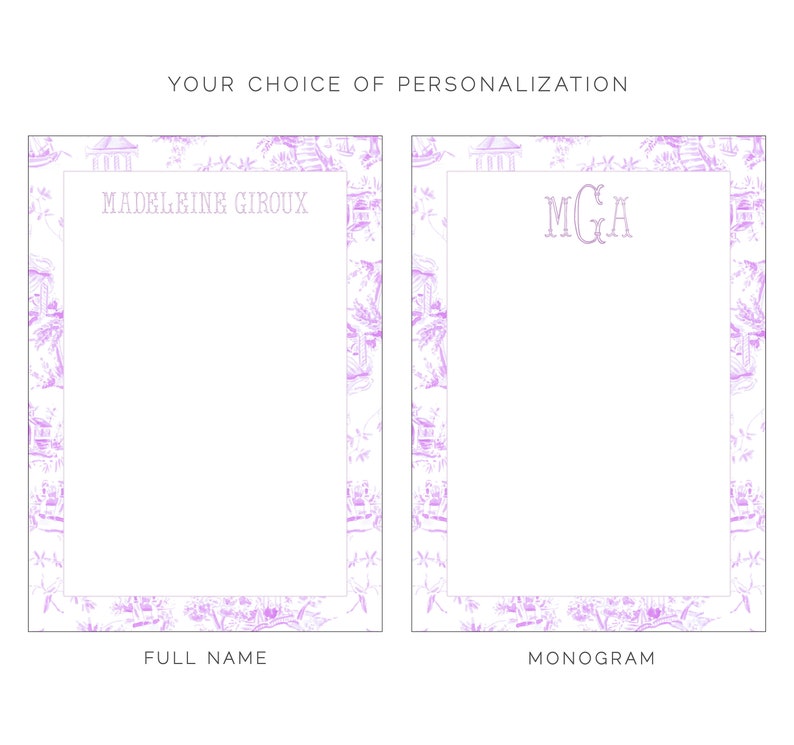 Personalized Notepad Light Violet Chinoiserie Toile Pattern Monogram Your Name Note Pad Chic Office Bridesmaid Custom Gift for Her image 3