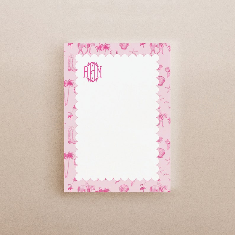 Pink Coastal Cowgirl Toile Notepad, Cowgirl Aesthetic Note Pad, Custom Texas Bridesmaid Gift, Monogrammed Stationery, Beach Cowgirl Vibes image 6