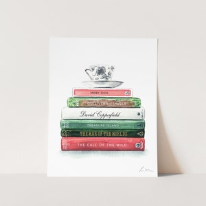 Custom Book Stack Watercolor Art Print - Favorite Books Art, Preppy Book Lover Gift, Book Club Gift, Library Art, Reading Art, Bookshelf Art