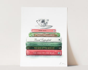 Custom Book Stack Watercolor Art Print - Favorite Books Art, Preppy Book Lover Gift, Book Club Gift, Library Art, Reading Art, Bookshelf Art