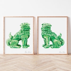 2 Art Prints Green Foo Dogs - Chinoiserie Art Prints, Southern Wall Decor, Preppy Art Print, Chinese Decor, Watercolor Painting, Fu Lion Art
