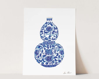 Art Print Blue and White Ginger Jar No. 2 - Preppy Art, Chinoiserie Art, Watercolor Painting, Grandmillennial Art, Ginger Jar Art