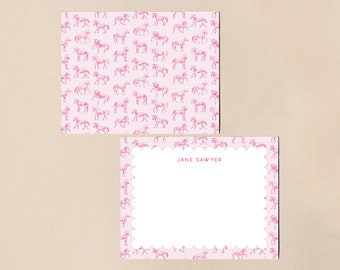 Grandmillennial Pink Horse Pattern Notecards, Preppy Equestrian Stationery, Custom Equine Blank Note Cards, Cute Pink Horse Gift for Girls