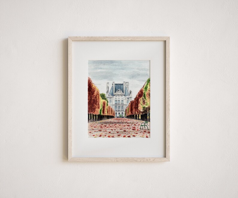 Autumn in Paris Art Print, Tuileries Gardens Palace, Fall Watercolor Home Decor, Paris Architecture Painting, Whimsical Apartment Wall Art image 4