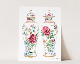 Rose Famille Vases Art Print, Chinoiserie Watercolor, Ginger Jar Painting, Southern Preppy Art, Palm Beach Style, Grandmillennial Home Decor