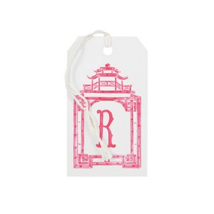 Pink Pagoda Gift Tags, Grandmillennial Custom Initial, Monogram Chinoiserie Gift Wrap, Palm Beach Style Holiday, Southern Preppy Christmas