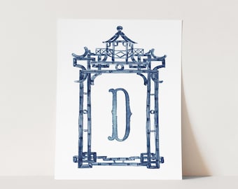 Indigo Pagoda Art Print, Blue Chinoiserie Watercolor, Cute Family Crest, Personalized Initial Wall Art, Southern Girls Dorm, Sorority Decor