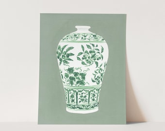 Green Ginger Jar on Sage No. 1 Art Print, Chinoiserie Vase Painting, Preppy Southern Sorority Watercolor, College Gift for Her