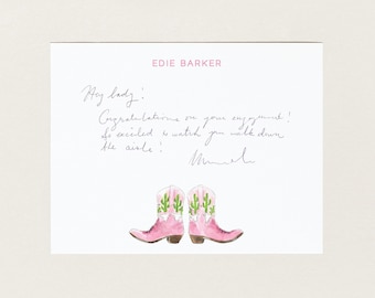 Personalized Stationery - Pink Cowgirl Boots - Southern Note Cards - Texas Style - Monogram Wedding Bridesmaid Gift Thank You Notes