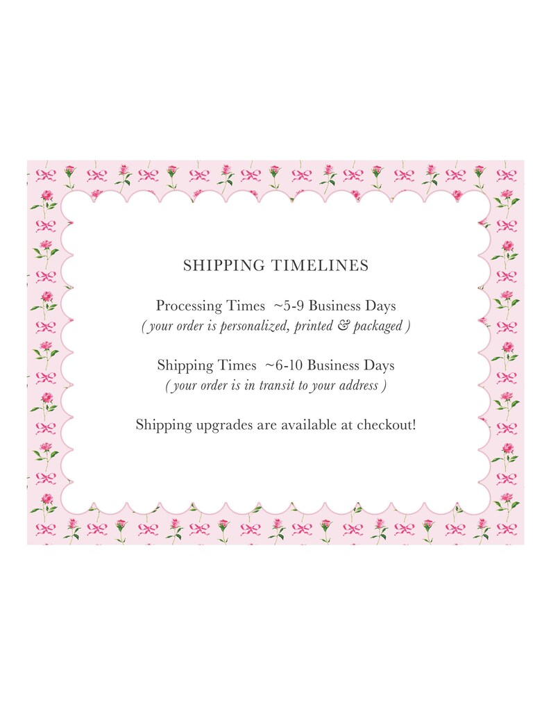 a shipping timeline for a personalized, printed, and packaged order. The processing times range from 5-9 business days, depending on whether the order is in transit to the customer's address or not. The shipping times range from 6-10 business days, depending on whether the order is in transit to the customer's address or not. The image does not contain any text that is too long or too vague, and it does not describe each individual element of the image.