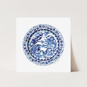 Art Print Blue and White Plate No. 8 - Preppy Wall Decor, Chinoiserie Chic Art, Watercolor Painting, Grandmillennial Art, Palm Beach Style