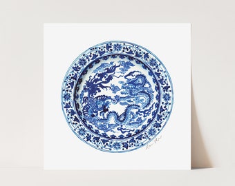 Art Print Blue and White Plate No. 8 - Preppy Wall Decor, Chinoiserie Chic Art, Watercolor Painting, Grandmillennial Art, Palm Beach Style