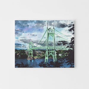 St Johns Bridge Art Print, Portland Oregon Watercolor, Willamette River Landscape, Pacific Northwest Gift, Portland Art Print, PNW Gift image 2