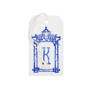 Custom Gift Tags Blue Pagoda Initial - Chinoiserie Chic Blue White Holiday Personalized Stylish Gift Wrap Presents Southern Style Preppy