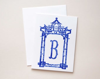 Personalized Stationery - Blue Chinoiserie Pagoda - Custom Initial Note Cards - Custom Notecards - Return Address Printing