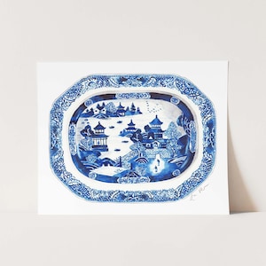Art Print Blue and White Plate No. 12 - Blue Willow, Preppy Art, Chinoiserie Art, Watercolor Painting, Grandmillennial Art, Ginger Jar Art