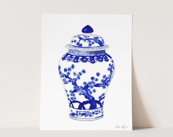 Art Print Blue and White Ginger Jar No. 10 - Ginger Jar Art, Chinoiserie Art, Watercolor Painting, Preppy Art, Palm Beach Style Decor