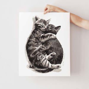 Kitty Hugs Art Print, Gray Cats Watercolor Painting, Tabby Cat Wall Decor, Cat Lover Gift, Animal Nursery Print, Friendship Art, Kitten Art image 2