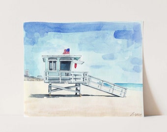 Art Print Santa Monica Lifeguard Tower - Santa Monica Art, California Art, Lifeguard Tower Art, Coastal Art, Surf Art, Watercolor Art Print