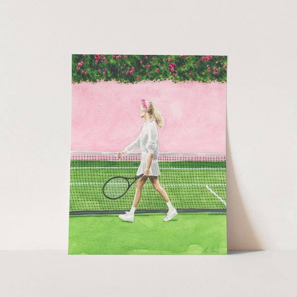 Tennis Girl Art Print, Watercolor Fashion Illustration, Preppy Pink and Green, Sporty New England, Country Club Style, Tennis Player Gift
