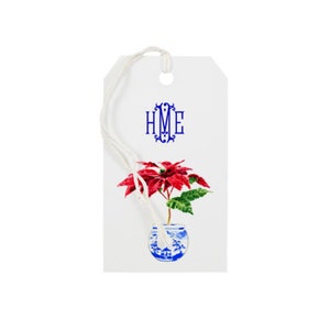 Custom Gift Tags Monogram Poinsettia - Chinoiserie Blue White Red Holiday Personalized Festive Christmas Stylish Gift Wrap Chic Preppy