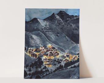 Art Print Winter Scene Mountain Village Watercolor Painting Wall Home Decor Night Landscape Snowy Landscape Ski Lodge Christmas