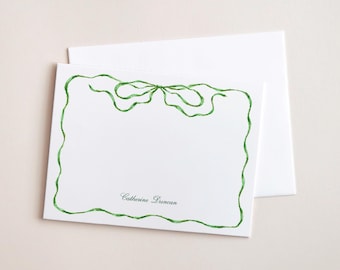 Custom Ribbon Bow Frame Stationery, Grandmillennial Green Bow Notecards, Elegant Bespoke Card Set, Personalized Bridesmaid College Girl Gift