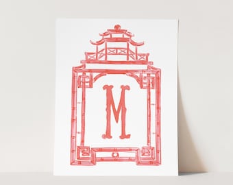 Coral Pink Pagoda Initial Art Print, Southern University Dorm Decor, Cute Custom College Girls Art, Grandmillennial Monogram Watercolor
