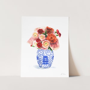 Chinoiserie Floral Art Print No. 1, Blue and White Ginger Jar Watercolor, Southern Preppy Painting, Palm Beach, Grandmillennial Home Decor